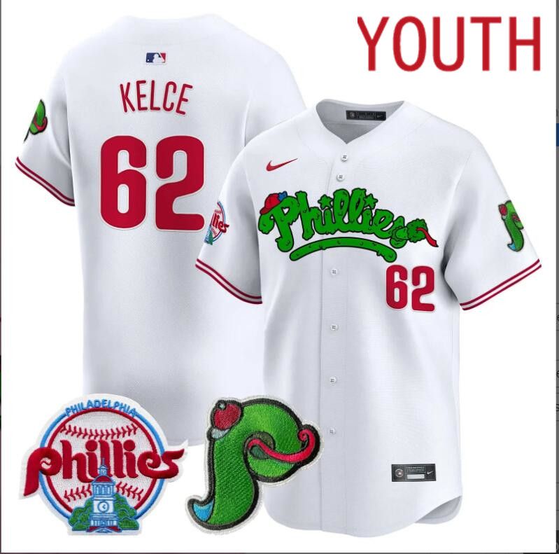 Youth  Philadelphia Phillies #62 Kelce white Limited 2024 MLB Nike jersey
